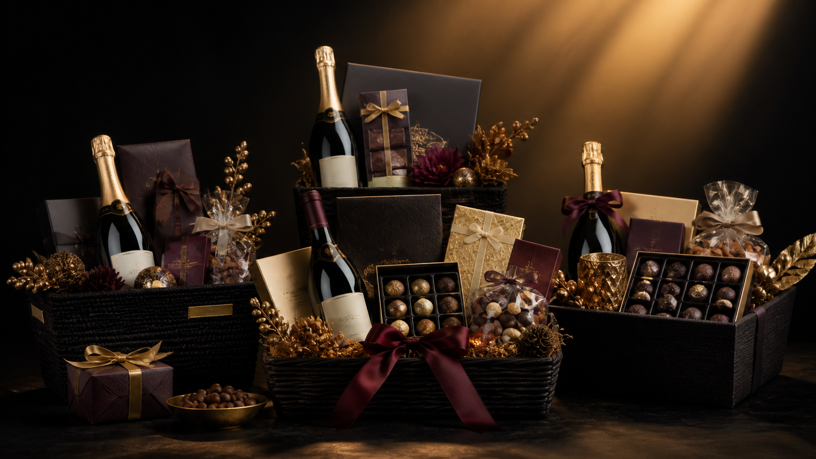 Corporate gift hampers with bottles, chocolates, and packaged goods
