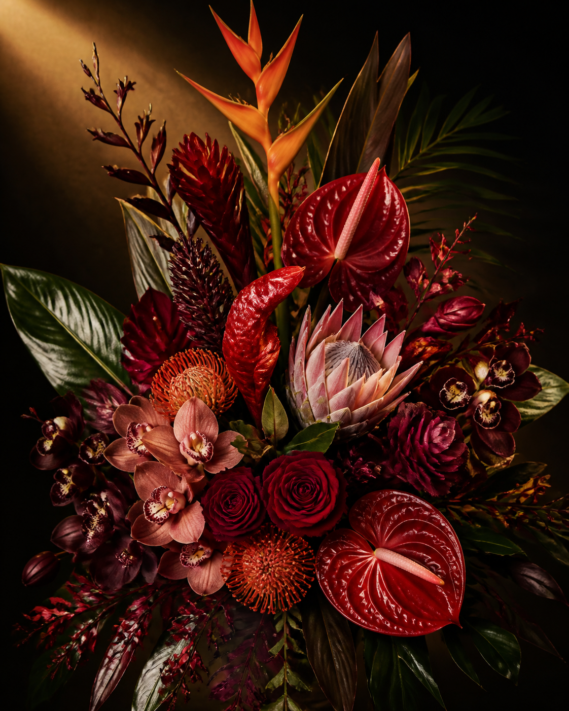 Dramatic burgundy and orange flower bouquet