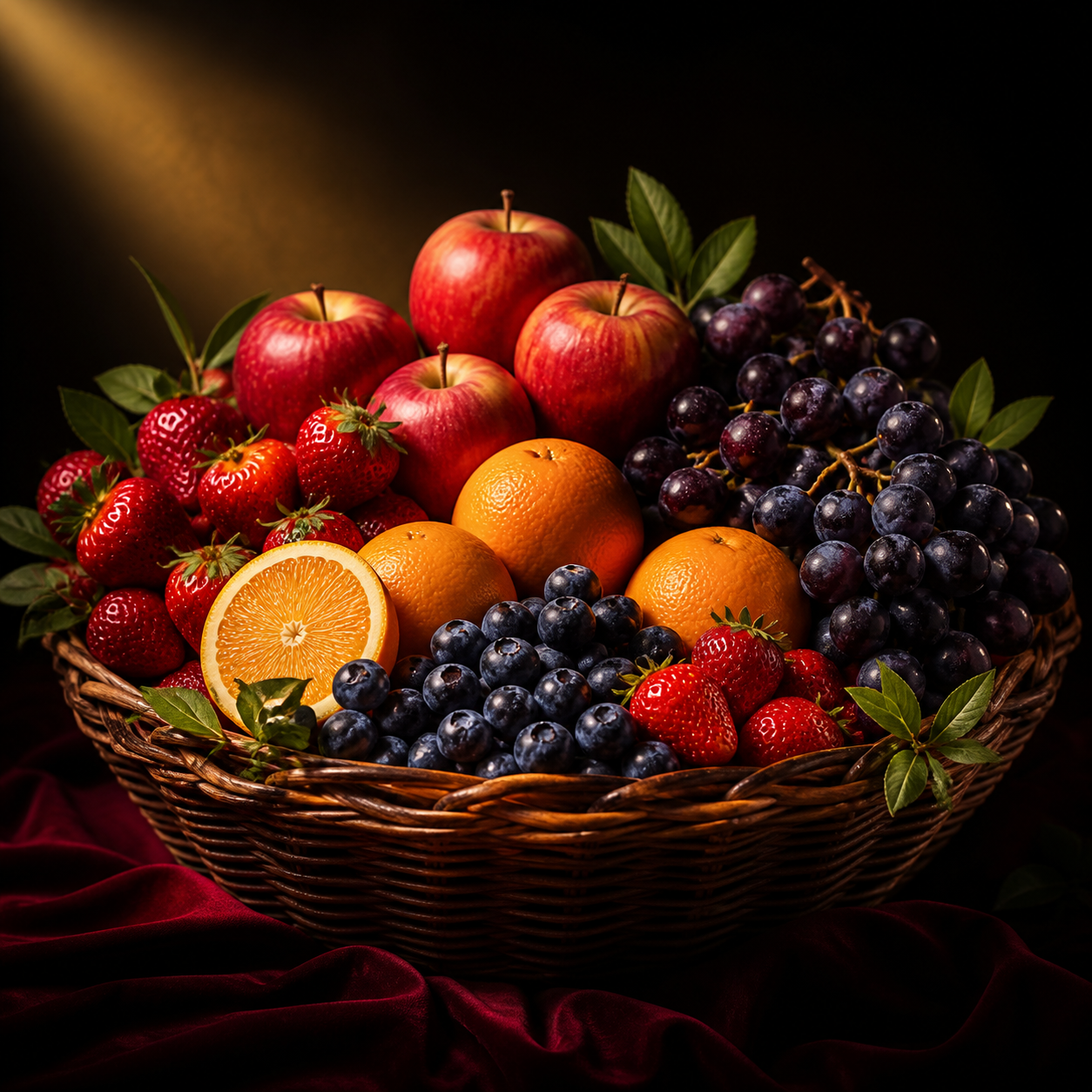 Premium fruit basket with apples, berries, oranges, and grapes
