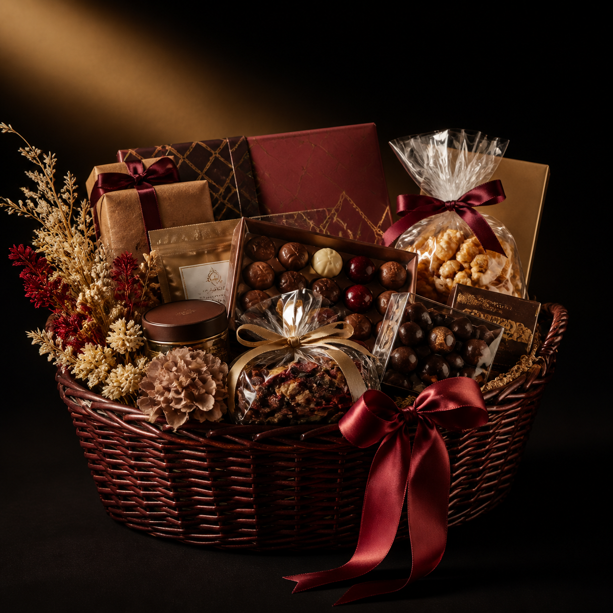 Luxury gift hamper filled with gourmet treats and chocolates